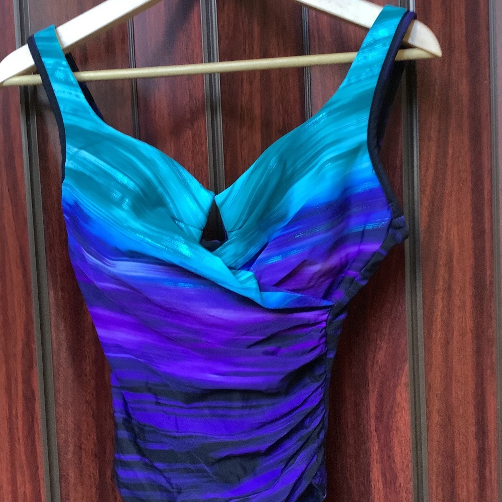 Shades of blue and purple one-piece swim suit